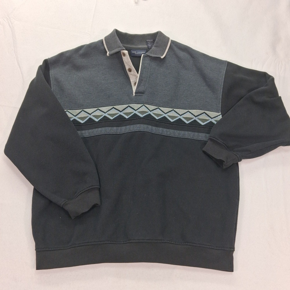Safe Harbor Sweatshirt Mens XL Black Gray Geometric Diamond Polo Collar EUC